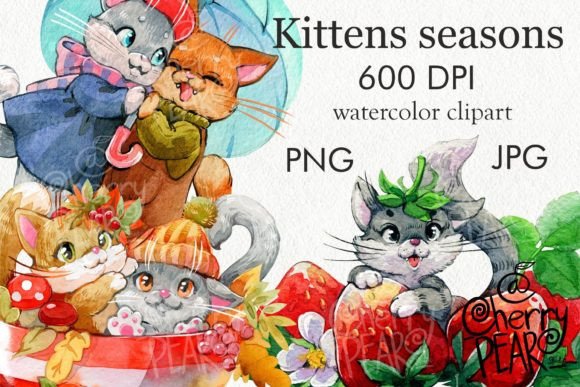 Download Kittens Seasons, Watercolor Cute Clipart - Seasons Collection